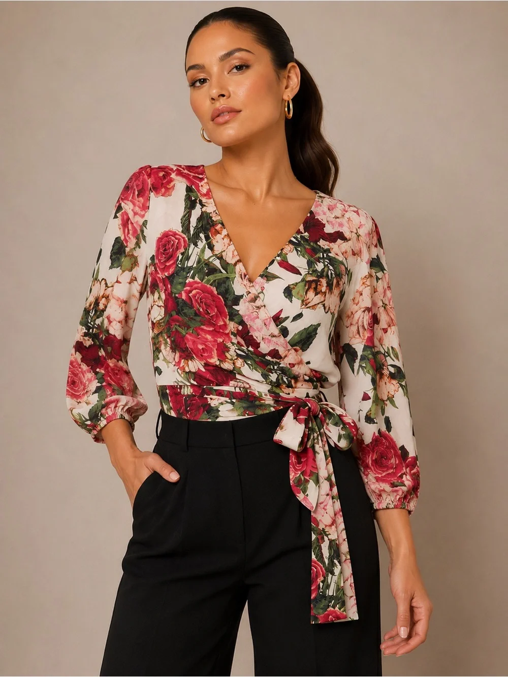 Jealous Tomato Floral Wrap Blouse in Ivory, Rose, Green